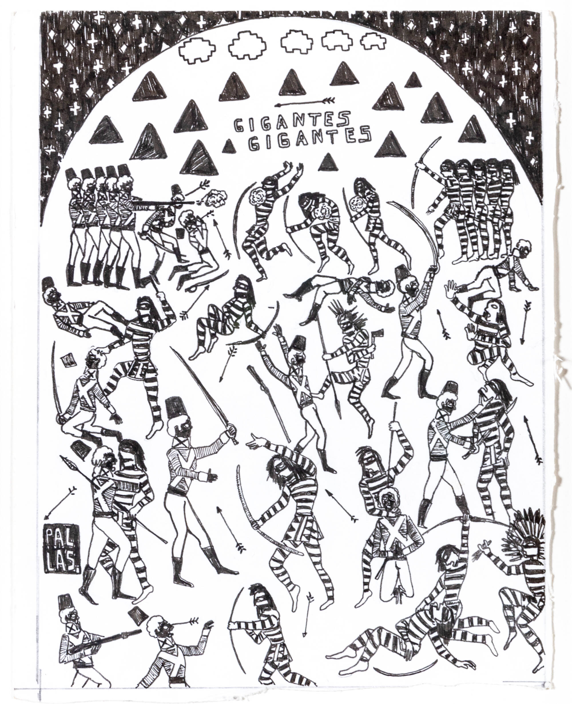 Black and white drawing of tiny striped people with bow and arrows and swords.